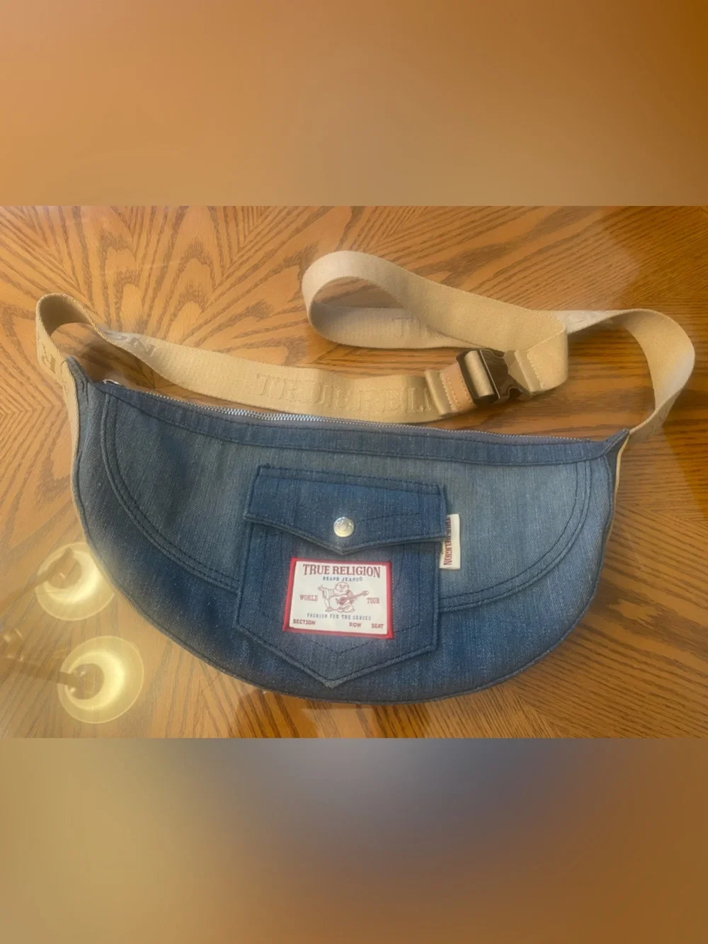 True Religion Blue Denim Crescent Belt Bag with Beige Strap
